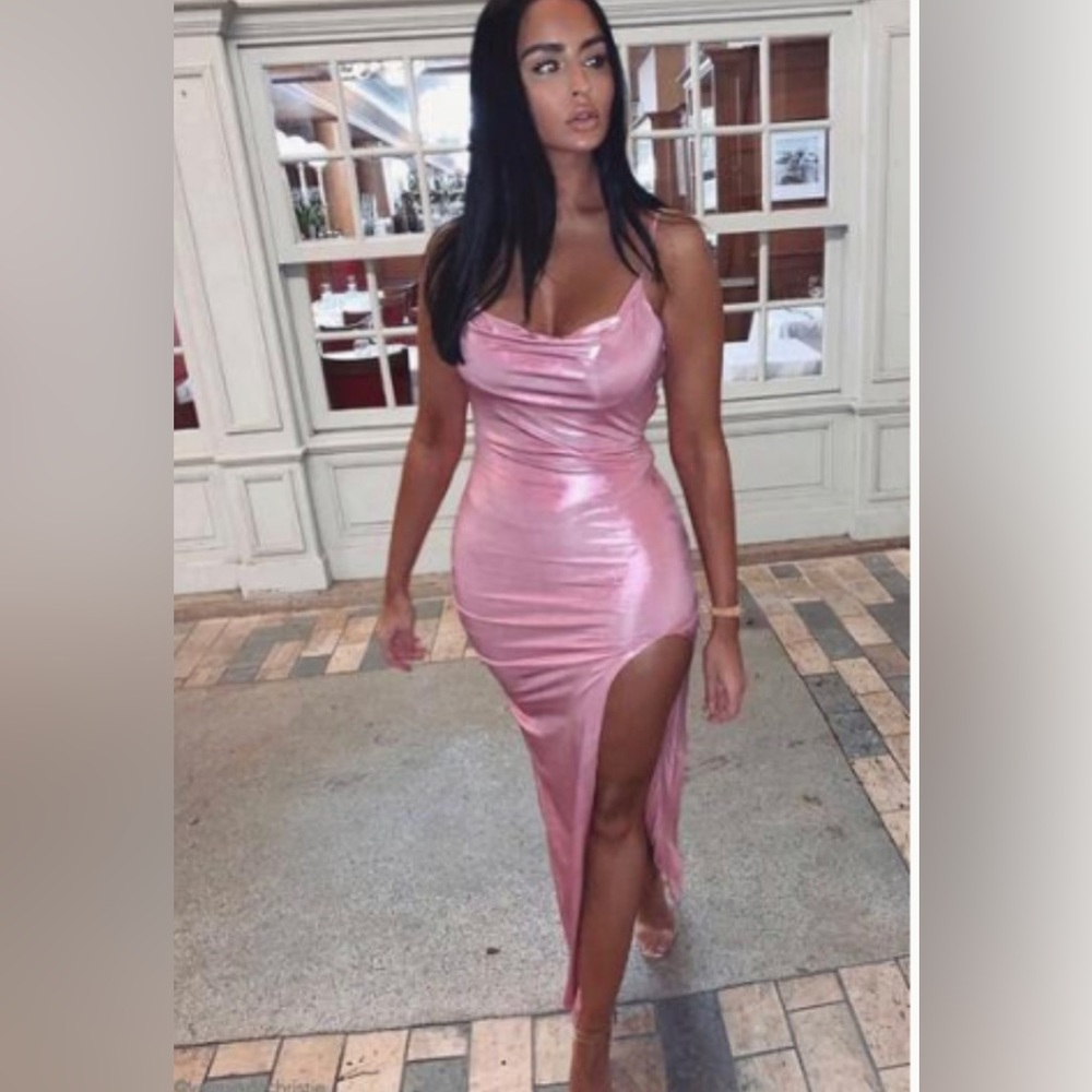 Meshki Kaila Metallic Cowl Neck Bodycon Dress Pink